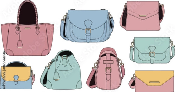 Fototapeta Collection of pastel colored handbags and purses in various styles