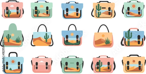Fototapeta Colorful Desert Landscape Briefcases Set with Cacti and Sun in Bright Vivid Style