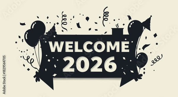 Fototapeta Festive welcome banner for the year 2026 with balloons, confetti, and party decorations.