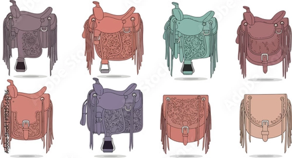 Fototapeta Colorful Leather Crossbody Bags with Tassels and Embroidery in Various Colors