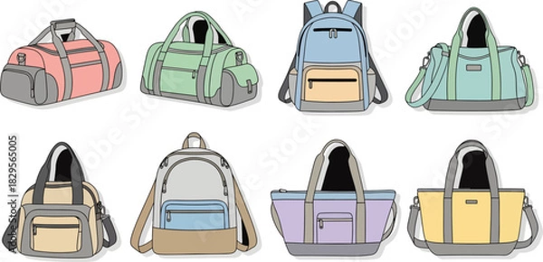 Fototapeta Colorful Travel Backpacks Set in Various Styles and Colors