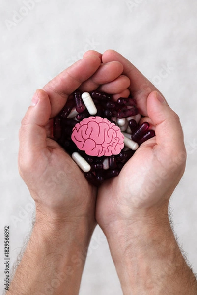 Fototapeta Hands hold model of brain and pills. Vertical image. Healthcare concept