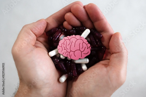 Fototapeta Hands hold model of brain and pills close-up. Healthcare concept