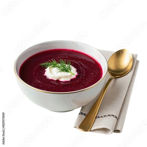 Fototapeta Vibrant Beetroot Soup with Cream and Dill Garnish