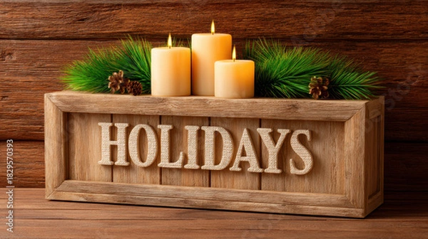 Fototapeta Warm farmhouse Christmas decor with 3d wooden holidays sign and burning candles creating cozy festive illustrator style atmosphere