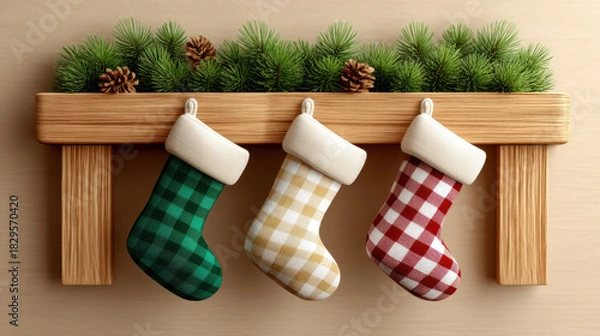 Fototapeta Christmas farmhouse decor with 3d illustrator style features three plaid stockings hanging from wooden mantel adorned with pine and pinecone