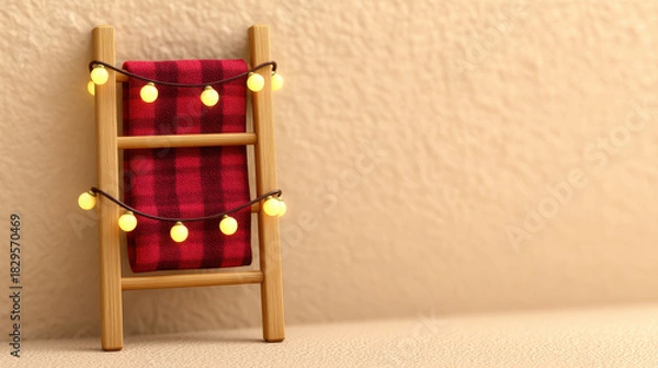 Fototapeta Cozy farmhouse Christmas decor with 3d wooden ladder wrapped in warm glowing string lights and red plaid fabric for festive illustrator design