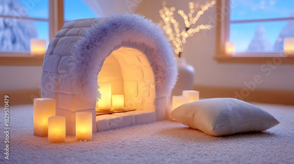 Fototapeta Cozy farmhouse Christmas decor with 3d soft igloo and warm glowing candles near pillow in illustrator style winter room