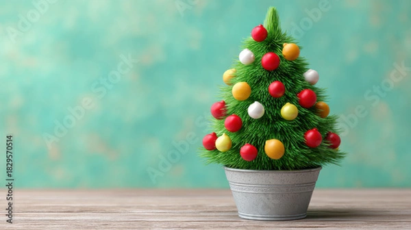 Fototapeta Miniature farmhouse Christmas tree decor with colorful baubles in 3d style illustration on wooden table for festive joy