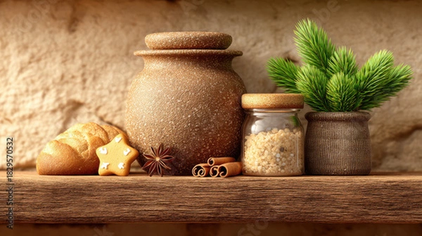Fototapeta Farmhouse Christmas decor with 3d illustrator style features rustic jars, pine branches, cinnamon sticks, and festive cookies on wooden shelf
