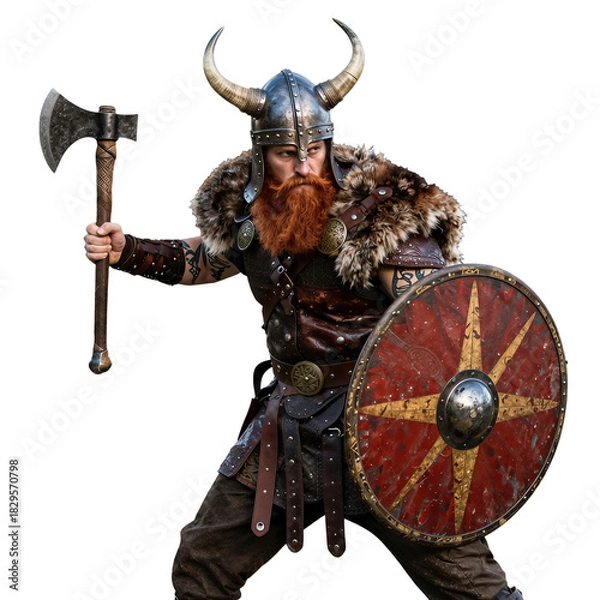 Fototapeta Viking Warrior with Axe and Shield in Traditional Armor