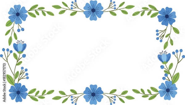 Fototapeta Delicate blue floral frame illustration with vibrant blossoms and lush green leaves, a charming botanical border design ideal for invitations, greeting cards, and various decorative projects