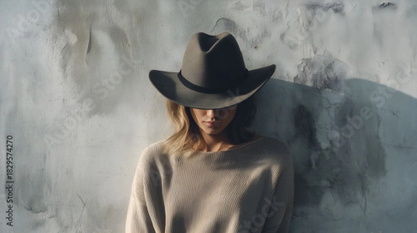 Fototapeta Figure in wide-brimmed hat obscures face in shadow. Textured wall and soft contrast evoke mystery, solitude, and editorial depth with cinematic atmosphere.