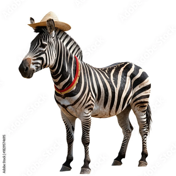 Fototapeta Zebra with straw hat and red beaded necklace