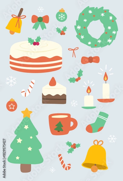 Obraz Christmas vector set with festive wreath, cake, candles and holiday icons