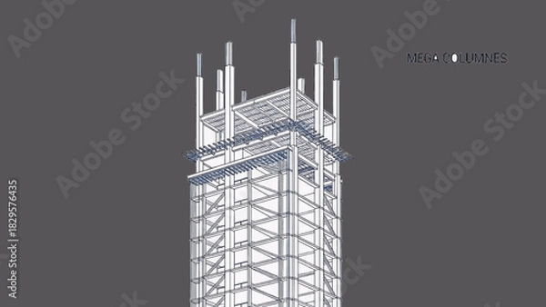 Fototapeta Vector High-Rise Building Structure Blueprint with Mega Outrigger System – Minimal Engineering Design