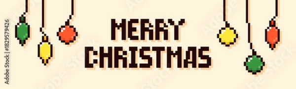 Fototapeta Pixel art banner with Merry Christmas text and color garland.