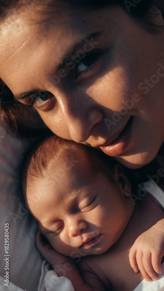 Obraz Tender embrace of mother and newborn baby. Closeup captures intimate moment, representing love, family, care,  new beginnings. Ideal for parenting  lifestyle.