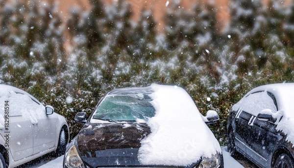 Obraz Parked cars covered with snow during winter snowfall