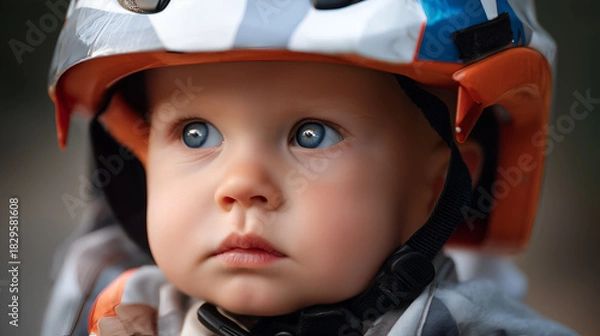 Fototapeta Close-up of child in safety helmet with blue eyes and curious look. Soft background and warm tones evoke wonder, protection, and childhood exploration.