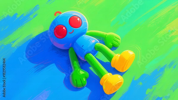 Obraz A whimsical illustration of a blue, green, and yellow cartoon robot lying on a colorful abstract background.
