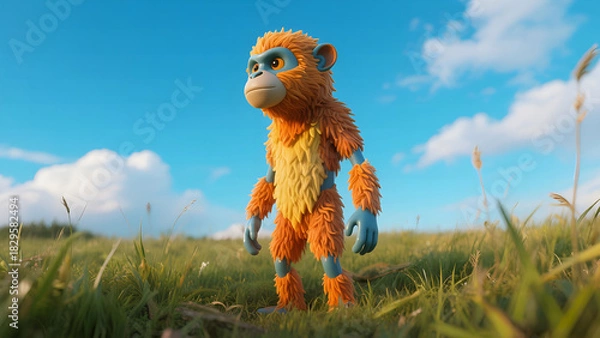 Fototapeta A 3D render of a cartoon monkey standing in a grassy field under a blue sky with white clouds.
