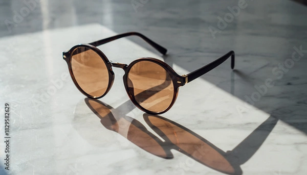 Fototapeta Retrochic sunglasses on a marble surface, bathed in sunlight. The image conveys style, relaxation, and summer vibes. Ideal for fashion, travel, or lifestyle content.