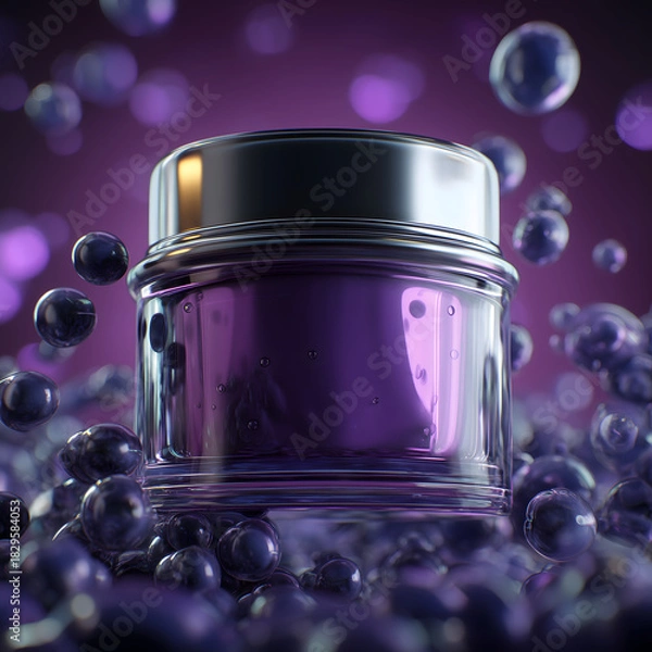 Obraz Luxurious purple cosmetic jar surrounded by glossy floating spheres, elegant skincare product mockup with glowing reflections and vibrant futuristic beauty aesthetic
