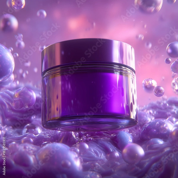 Obraz Luxurious purple cosmetic jar floating in dreamy glossy liquid with shimmering bubbles, futuristic skincare product scene featuring glowing reflections and vibrant beauty aesthetic
