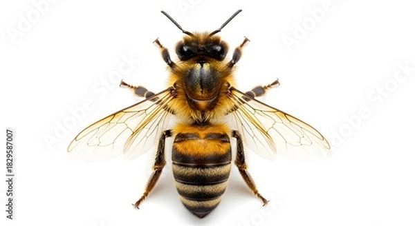 Fototapeta Honeybee close-up detailed macro shot of a bee isolated on white background