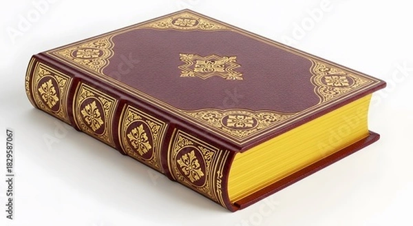 Fototapeta Antique book with gold embellishments a vintage leather-bound volume isolated on white
