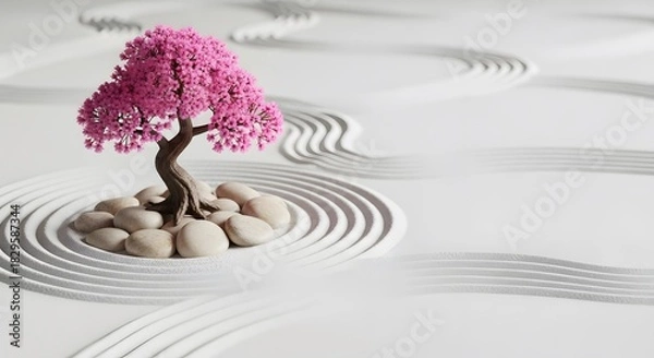 Obraz Zen garden with pink cherry blossom tree raked sand and smooth stones a peaceful scene for meditatio
