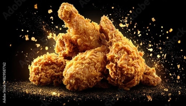 Fototapeta Close-up of golden, crispy fried chicken drumsticks, presented against a stark black backdrop