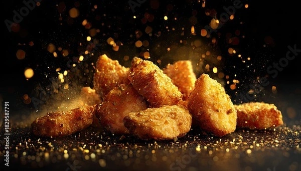 Fototapeta Golden-brown, fried, bite-sized food, piled, illuminated by sparkling golden particles