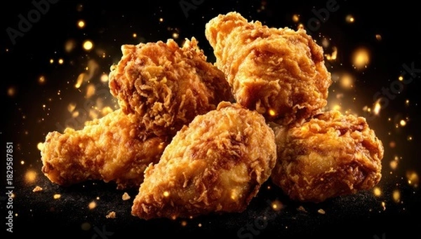 Fototapeta Close-up of golden-brown, crispy, fried chicken pieces, with sparkling light effects on black backdrop