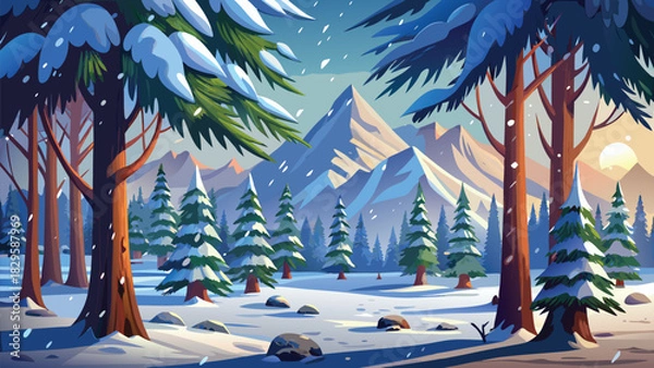 Obraz Christmas snowy winter landscape background
