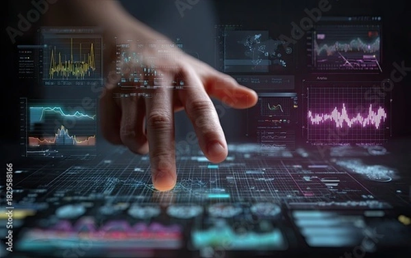 Fototapeta Close-up of a hand interacting with a futuristic, data-rich digital interface