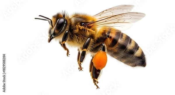 Fototapeta Honeybee in flight detailed macro shot on white showing pollen basket