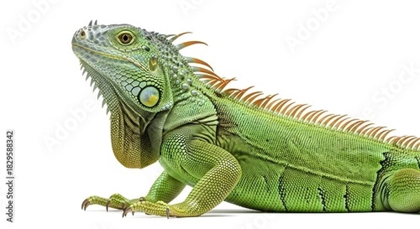 Fototapeta Green iguana profile isolated on white a close-up studio shot of the reptile