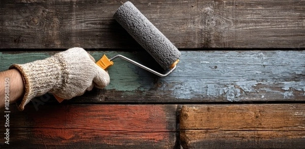 Fototapeta A gloved hand uses a paint roller to apply paint to weathered wooden planks. The colors are muted