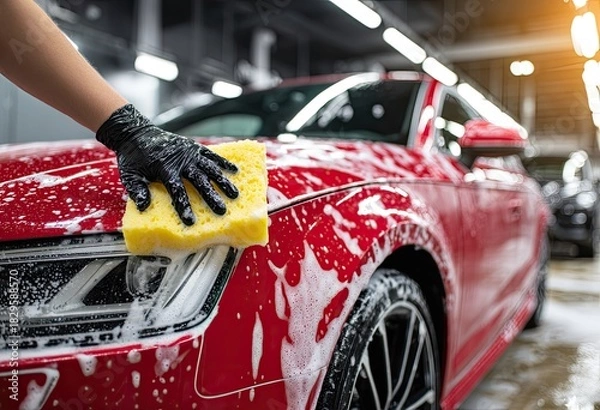 Fototapeta Close-up of a red car being washed with soap and a sponge by a gloved hand