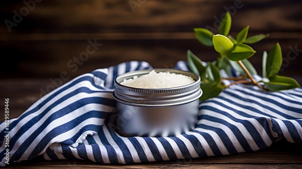 Fototapeta Tin container deodorant placed next to striped napkin on rustic surface