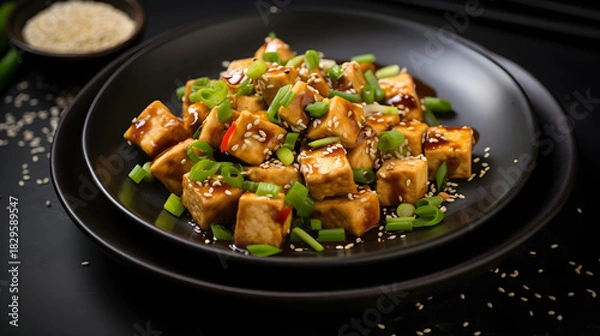 Fototapeta Top view of tofu stir fry with green onions and sesame in black bowl