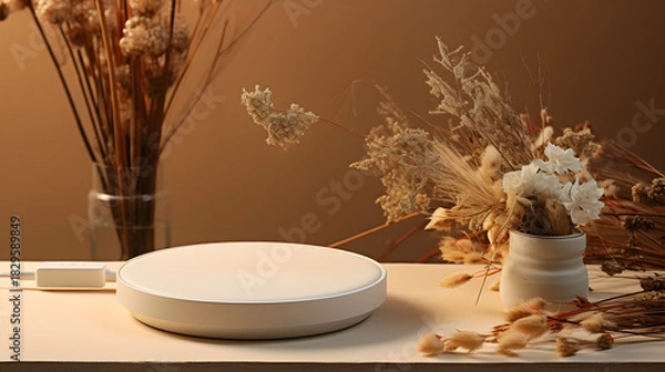 Fototapeta USB-C dock in white set on beige tray with dried florals