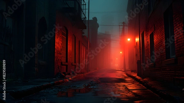 Fototapeta Urban alley with red fog glowing against damp pavement