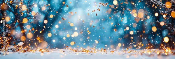 Fototapeta Magical winter night scene featuring delicate falling snow, sparkling golden bokeh lights, and shimmering confetti on frosty white ground, set against serene blue forest backdrop, evoking festive wond