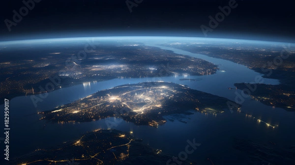 Fototapeta View from orbit showing Earth city lights and winding coastlines