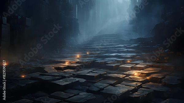 Fototapeta Wet stone tiles glowing from hidden light in distant fog