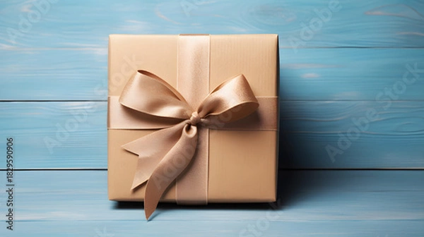 Fototapeta Wrapped present with blue ribbon bow on tan surface