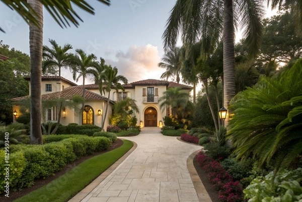 Obraz Tropical resort hotel with palm trees in garden and park